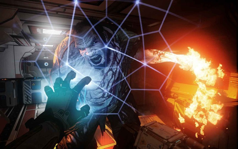 A first-person view of a video game character attacking a monstrous figure with glowing energy and fire.
