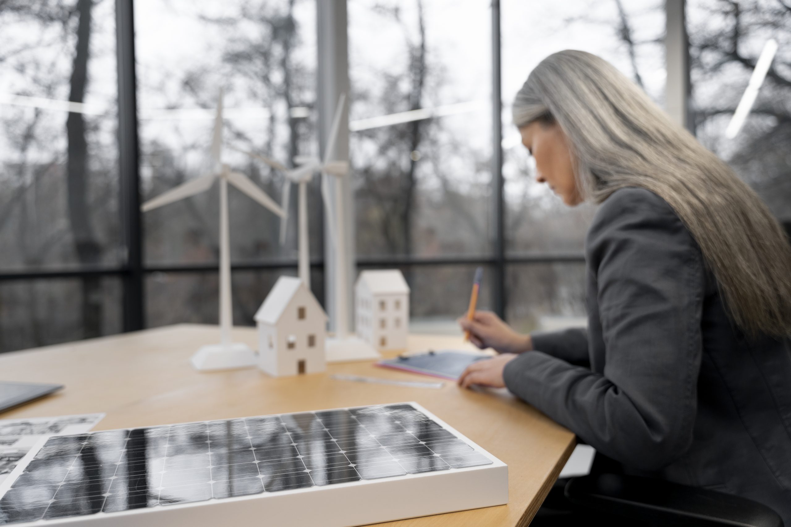 A woman with long grey hair is sitting at a desk and taking notes. A model of a solar panel is in the foreground, with miniature models of wind turbines and houses in the background, suggesting a focus on sustainable energy.