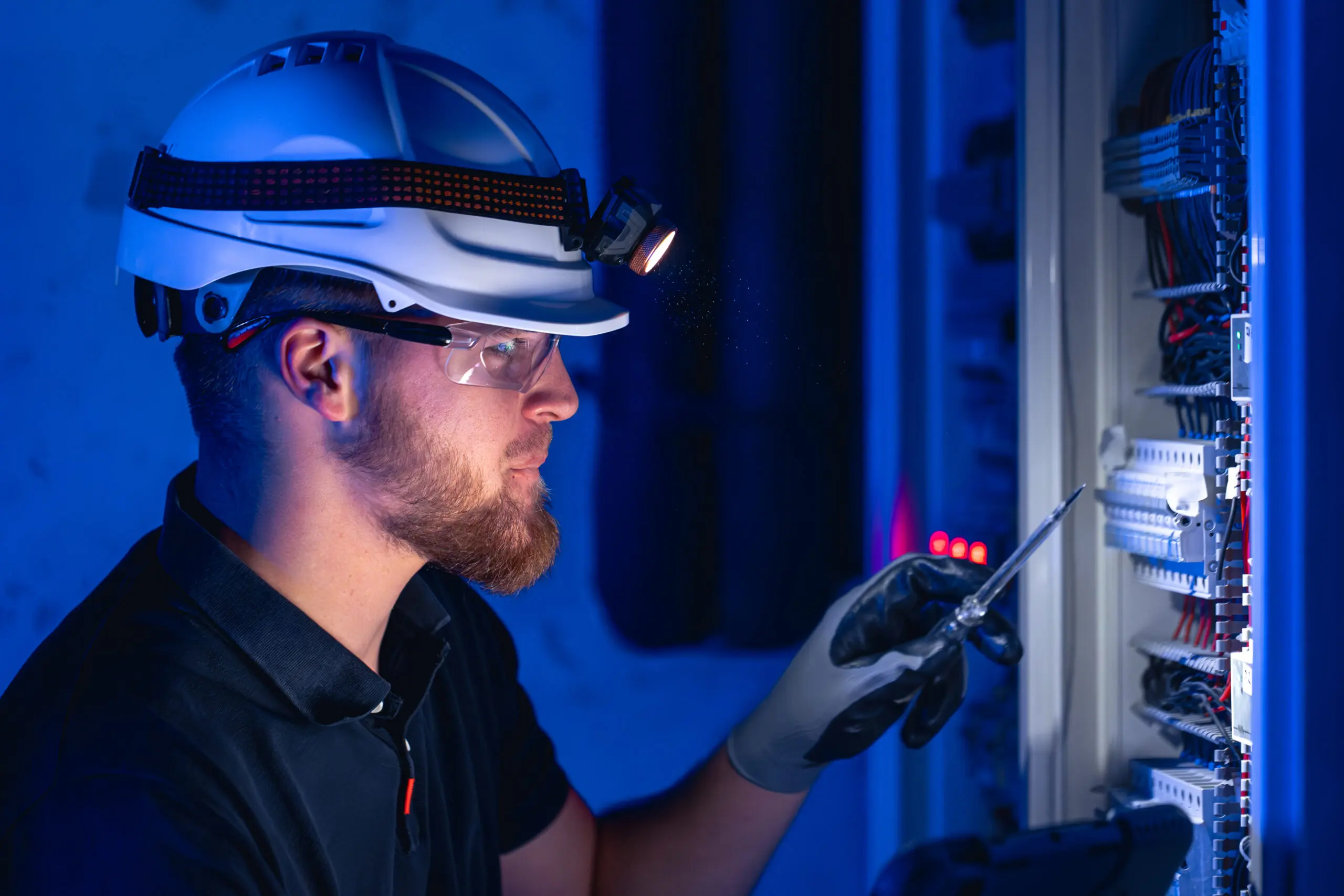 Male electrician working in switchboard with electrical connecting cable. Young adult electrical engineer in special clothes with flashlight on helmet in dark room with emergency lights in background.